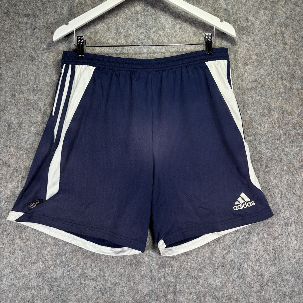 VTG 2004 Adidas Soccer Shorts Navy white Mens L FADED SPOT NO DRAWSTRING READ